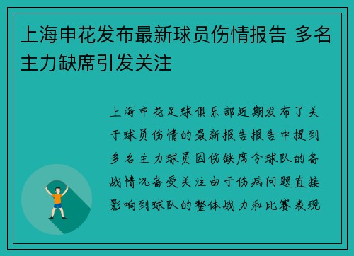 上海申花发布最新球员伤情报告 多名主力缺席引发关注 上海申花发布最新球员伤情报告 多名主力缺席引发关注